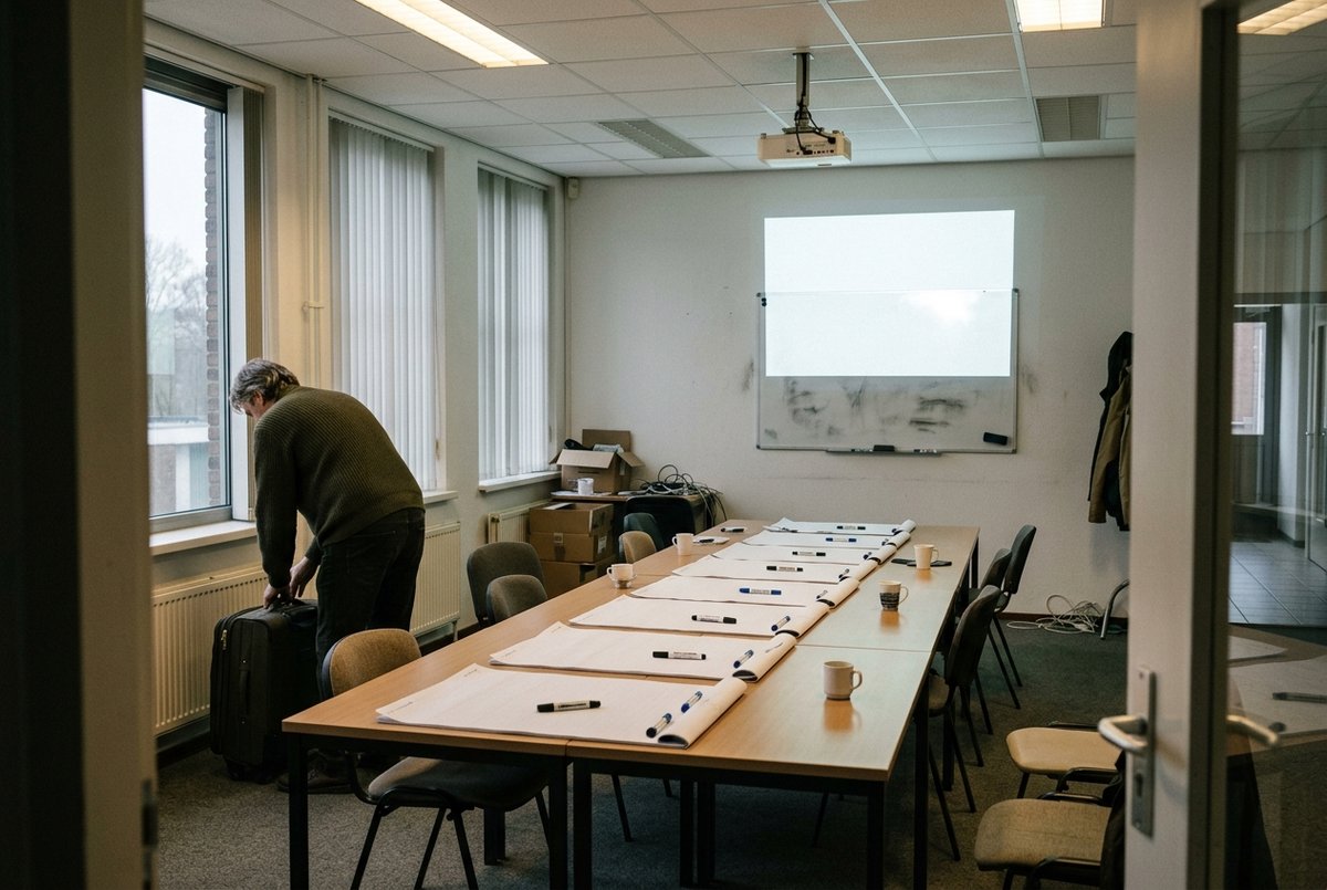 Een trainer pakt zijn koffer in een lege zaal waar de flip-overvellen nog op tafel liggen